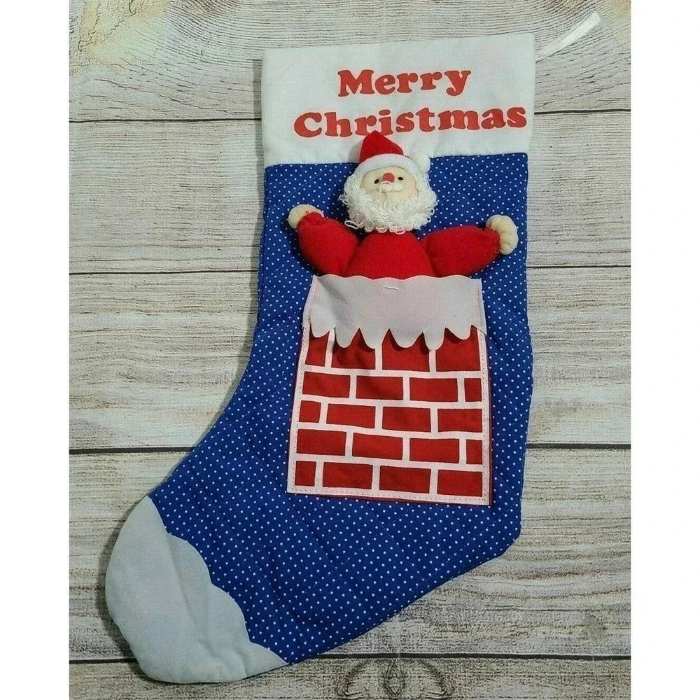 Vintage Russ Berrie 3D Santa Stocking Christmas Holiday Chimney Blue Red